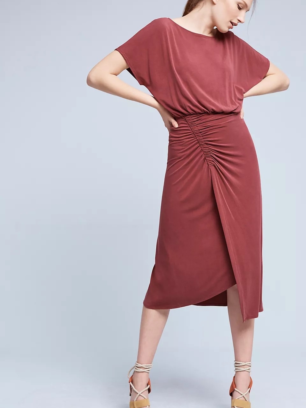 Anthropologie Moulinette Soeurs Etta Ruched Midi Dress - Dark Dust Rose - Sz L